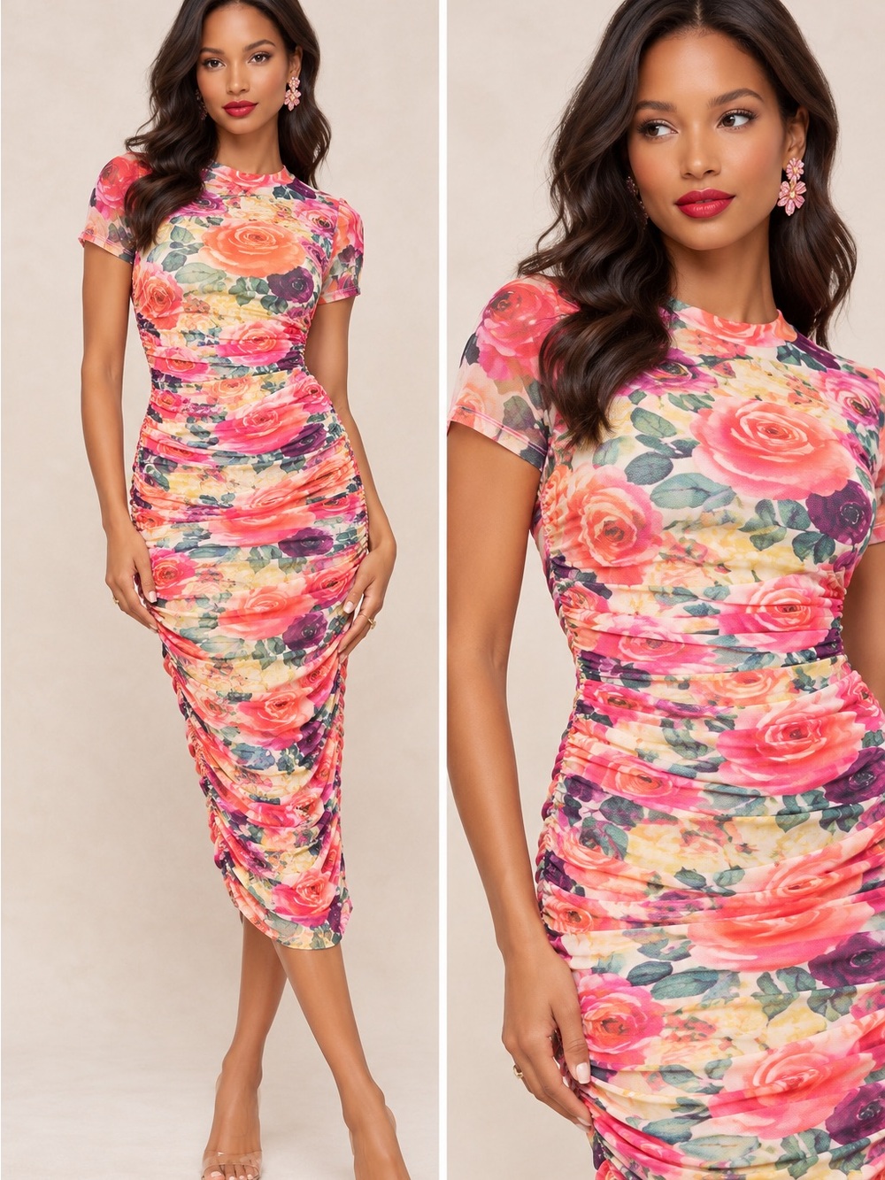 Ivy City Co Brynn Floral Ruched Mesh Midi Dress M NWT Fitted Body Con